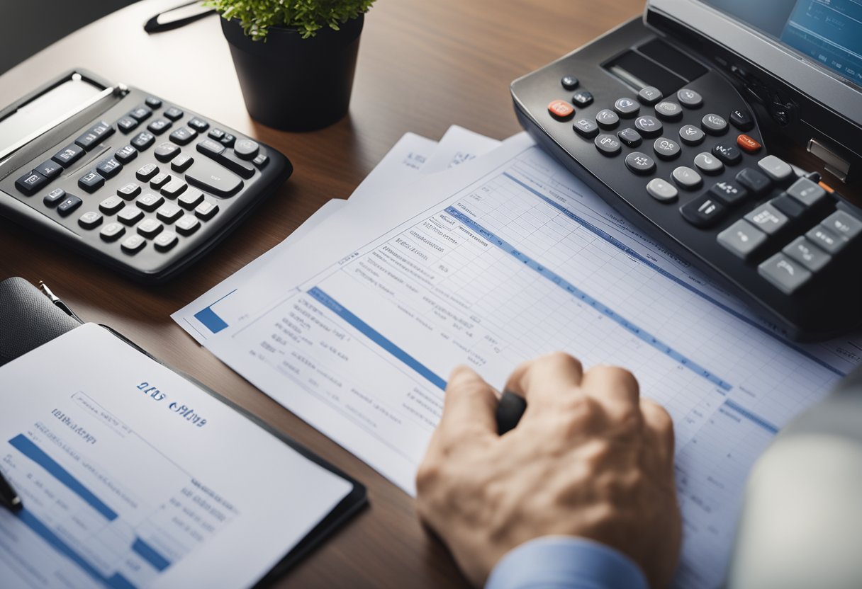 A real estate investor calculating 30% rule with property and financial documents on a desk