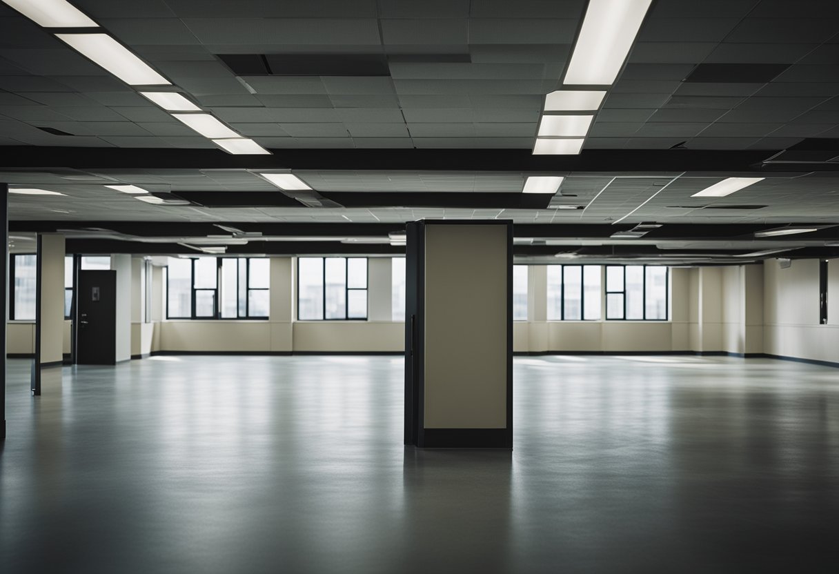 Empty office buildings with "For Lease" signs, abandoned cubicles, and vacant meeting rooms. Economic impact visible through deserted workspaces