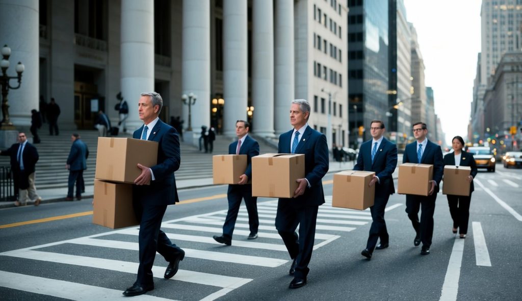 A bustling city street with skyscrapers and government buildings, with Federal employees carrying boxes out of the entrance. There is a sense of uncertainty and change in the air.