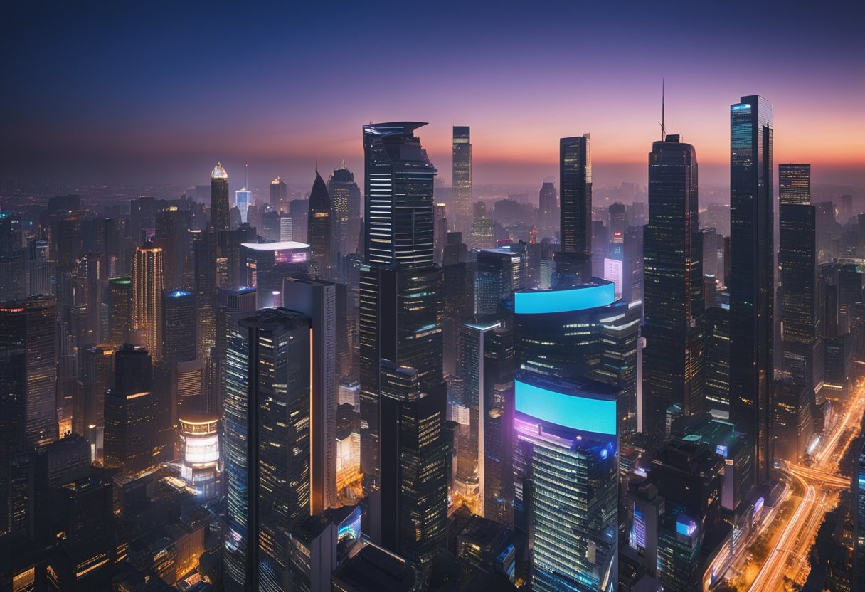 A bustling city skyline at dusk, with multiple skyscrapers and office buildings, illuminated by colorful neon lights and digital billboards