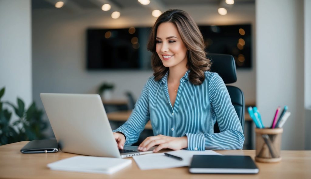 A real estate investor using her laptop to find answers to questions about rental property reconciliation.