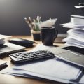 A desk with scattered rental receipts, a calculator, and a laptop, surrounded by files and folders. A pen sits on top of a stack of papers