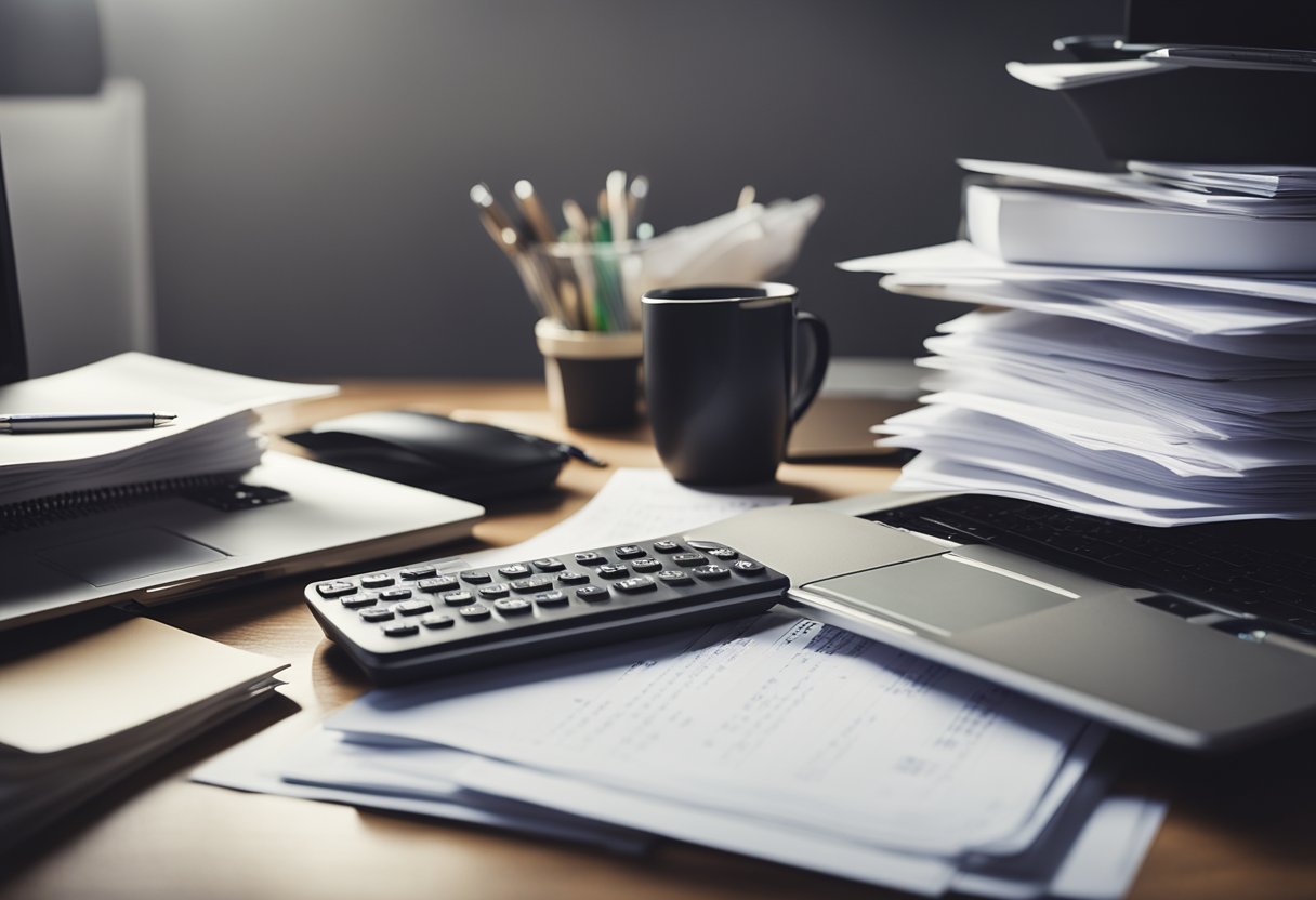 A desk with scattered rental receipts, a calculator, and a laptop, surrounded by files and folders. A pen sits on top of a stack of papers