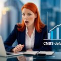 A female real estate investor with red hair reading a graph showing increasing CMBS default rates over time and being shocked at the data.