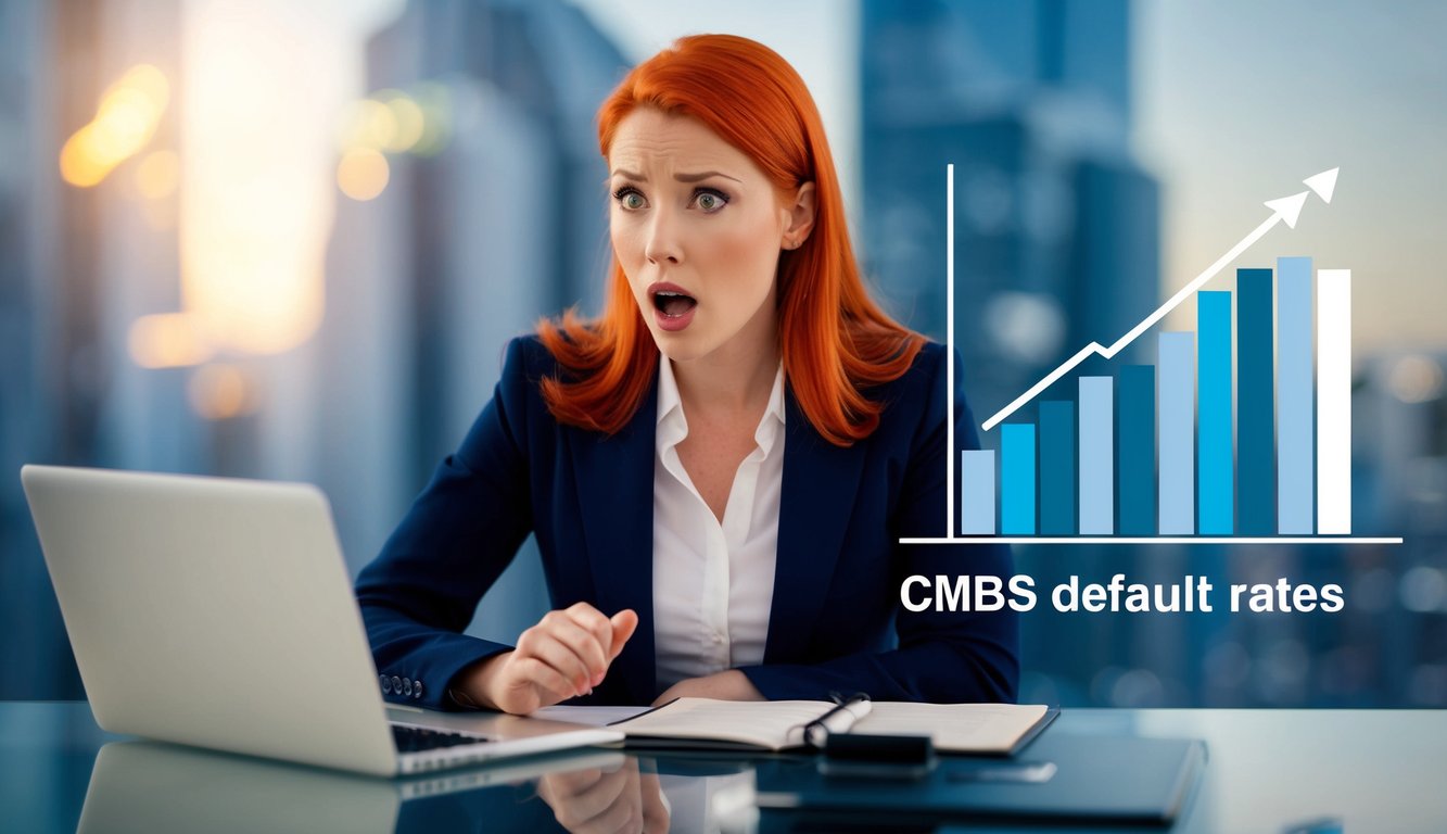 A female real estate investor with red hair reading a graph showing increasing CMBS default rates over time and being shocked at the data.