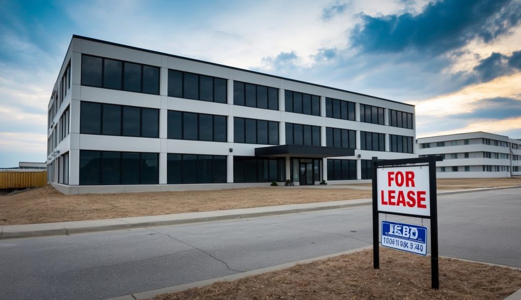 An empty office building with darkened windows and a "For Lease" sign out front, surrounded by other vacant properties