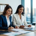 Two female accountants in their office confidently working on tax returns for their real estate investing client.