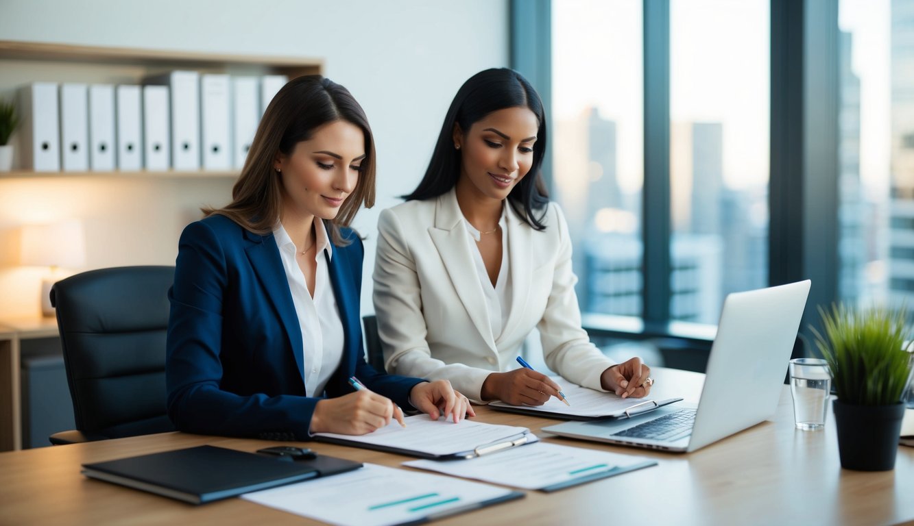 Two female accountants in their office confidently working on tax returns for their real estate investing client.