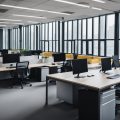 An empty office space with large windows, a mix of cubicles and private offices, and modern decor