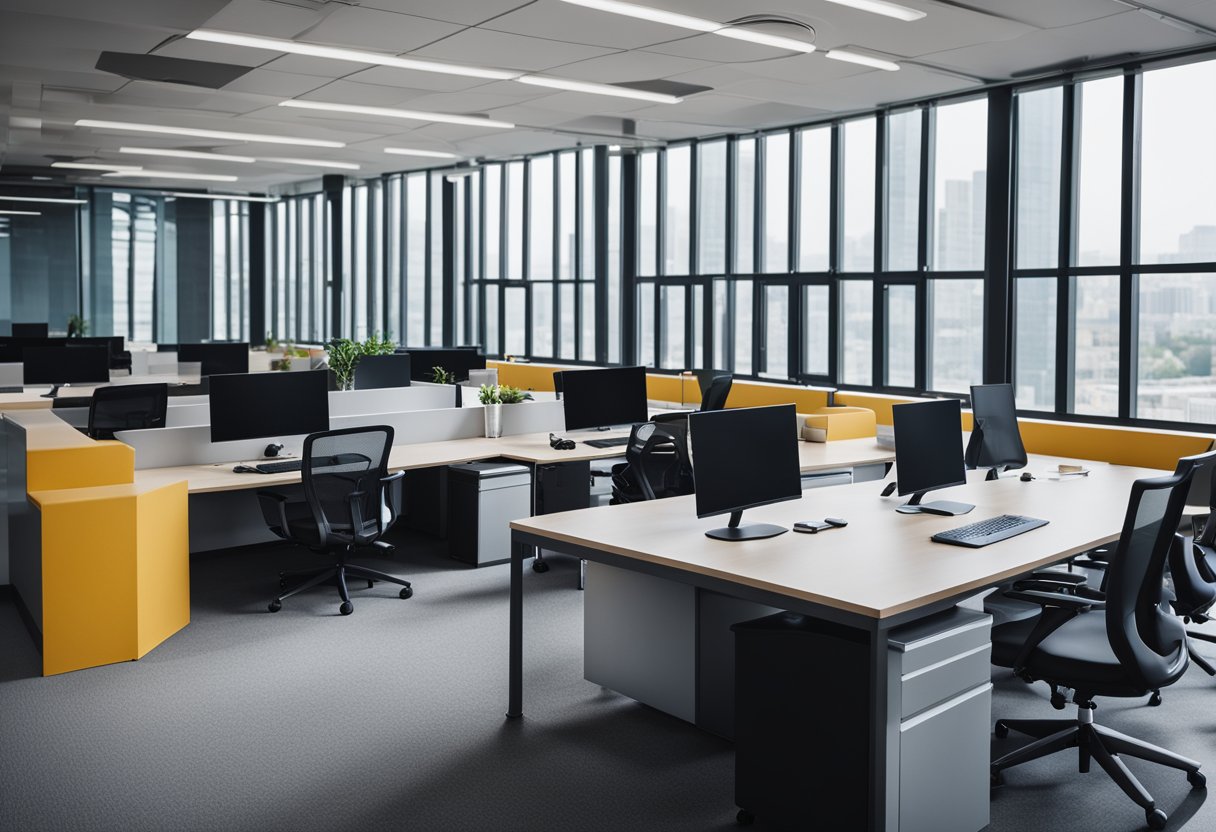 An empty office space with large windows, a mix of cubicles and private offices, and modern decor