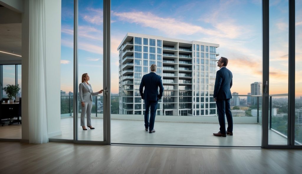 A group of real estate investors touring an office building being converted to residential apartments.