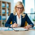 A female accountant with blonde hair and glasses sitting at her desk calculating rental income to file a tax return for her client.