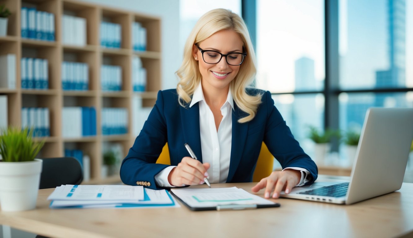 A female accountant with blonde hair and glasses sitting at her desk calculating rental income to file a tax return for her client.