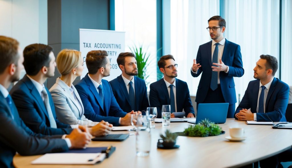 A group of accountants attending a seminar to learn more about tax accounting for rental property landlords.