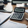 A desk with open landlord bookkeeping templates, calculator, and organized files