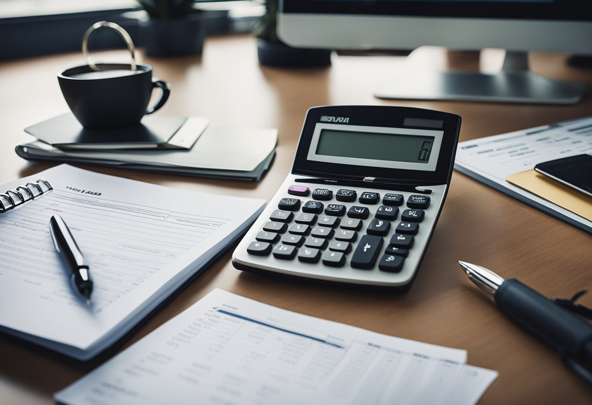 A desk with open landlord bookkeeping templates, calculator, and organized files