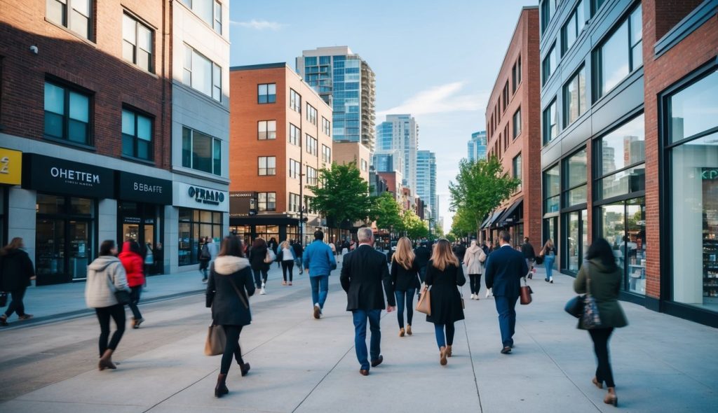 A busy pedestrian mall with shoppers and occupied stores demonstrating various CRE market trends.