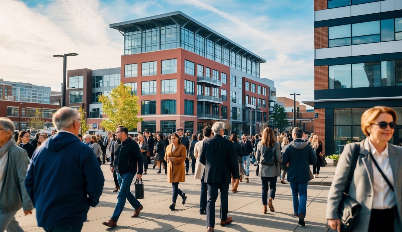 A mixed-use building with apartments and retail stores in a busy urban area with people walking by.