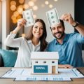 A husband and wife real estate investing team with a floorplan of their rental property spread out on their desk. Items for accelerated deprecation are circled in red and the couple is high-fiving each other about the extra tax deductions they can claim.