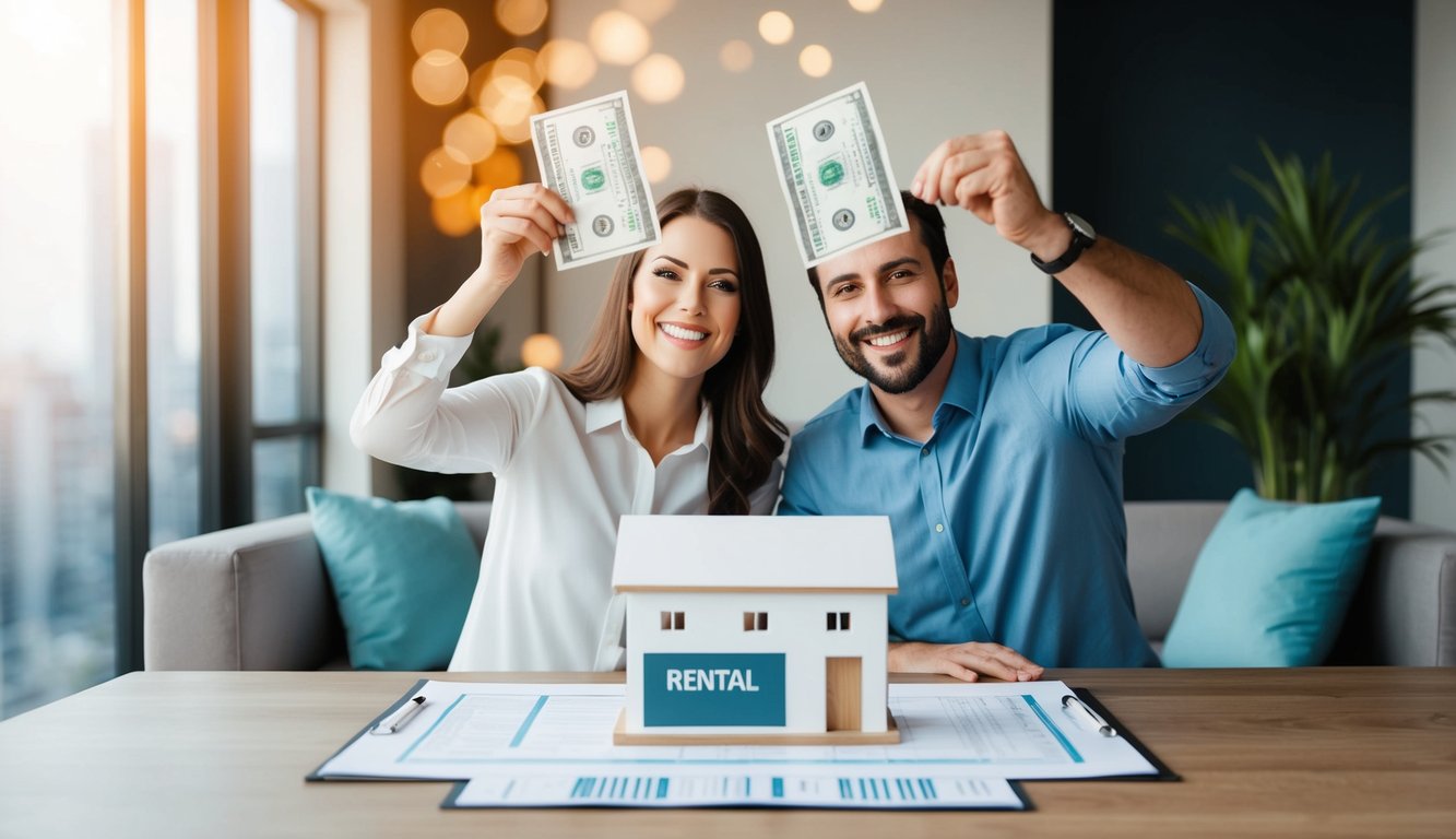 A husband and wife real estate investing team with a floorplan of their rental property spread out on their desk. Items for accelerated deprecation are circled in red and the couple is high-fiving each other about the extra tax deductions they can claim.