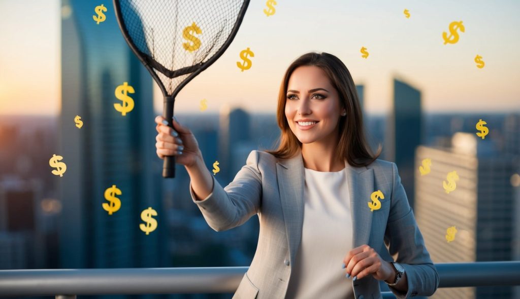 A female real estate investor with a butterfly net catching dollar signs floating in the air representing depreciation recapture on a rental property.