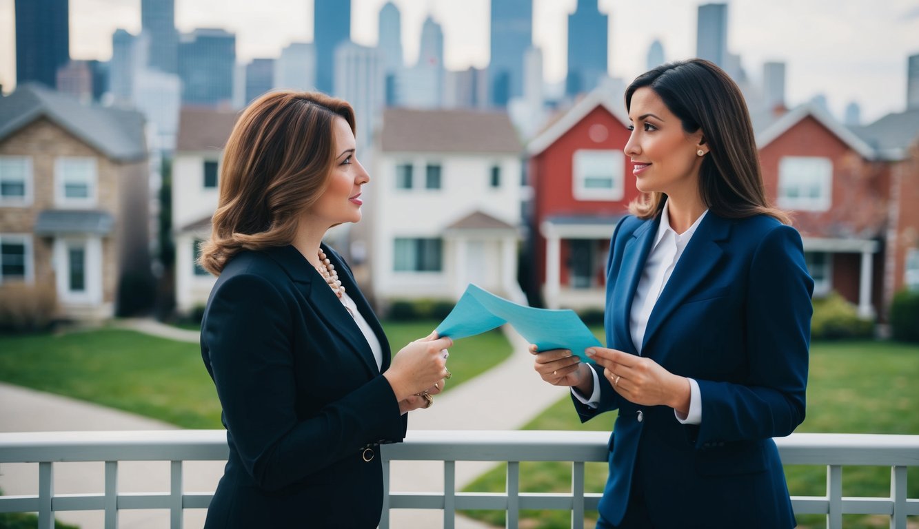 Two female real estate investors standing in front of a house in suburban Chicago discussing purchasing the home as a rental investment.