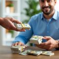 A tenant handing her landlord a security deposit in cash for her rental property deposit