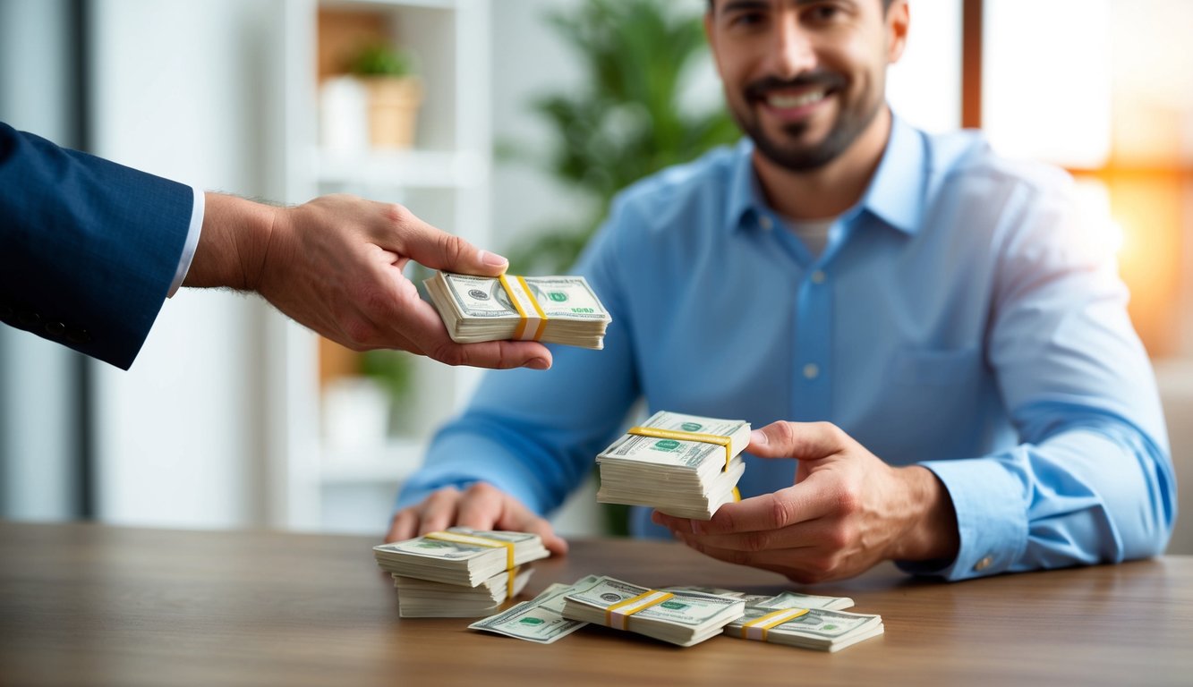 A tenant handing her landlord a security deposit in cash for her rental property deposit