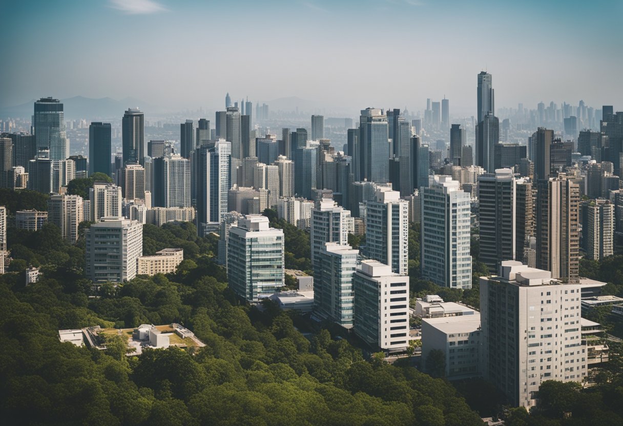 A sunny city skyline with various properties, including office buildings, residential complexes, and commercial spaces, surrounded by greenery and a bustling street below