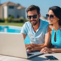 A man and woman sunbathing by the pool. The man is working on his laptop filing the LLC tax return for a rental property that they own.