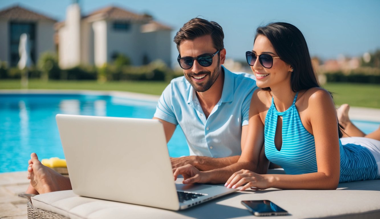 A man and woman sunbathing by the pool. The man is working on his laptop filing the LLC tax return for a rental property that they own.