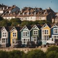 A row of houses with varying conditions, from well-maintained to dilapidated, set against a backdrop of a stable and bustling market