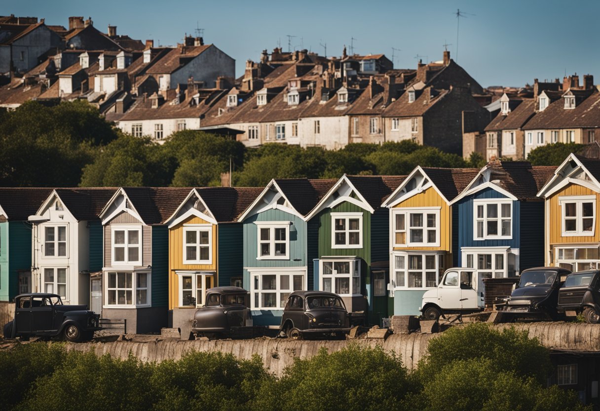 A row of houses with varying conditions, from well-maintained to dilapidated, set against a backdrop of a stable and bustling market