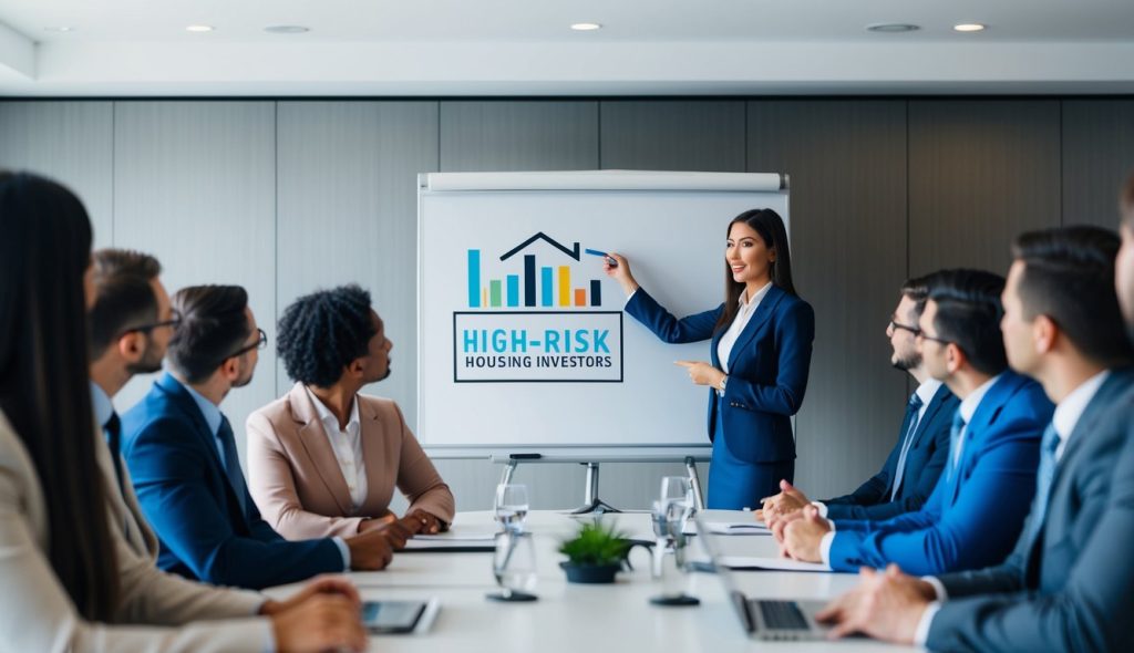 A group of real estate investors in a conference room attending a presentation of high-risk housing markets. The female presenter is pointing to a whiteboard.