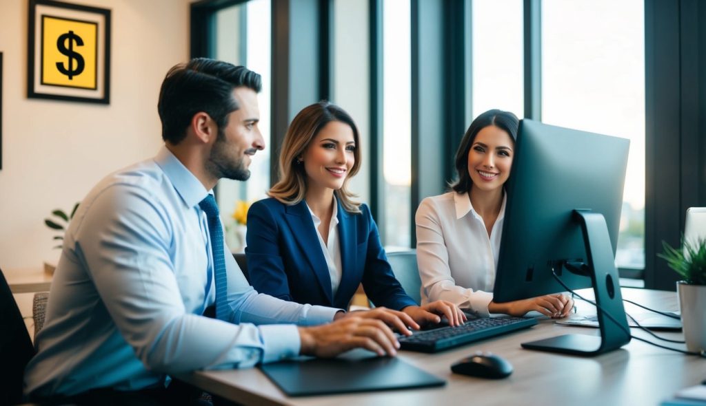 Two real estate investors, one male and one female, in their office watching a computer monitor with close attention. A framed dollar sign is hanging on the wall of their office.