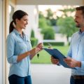 A rental property manager with a clipboard with a checklist and a set of keys, meeting her tenant to perform a move-in inspection.