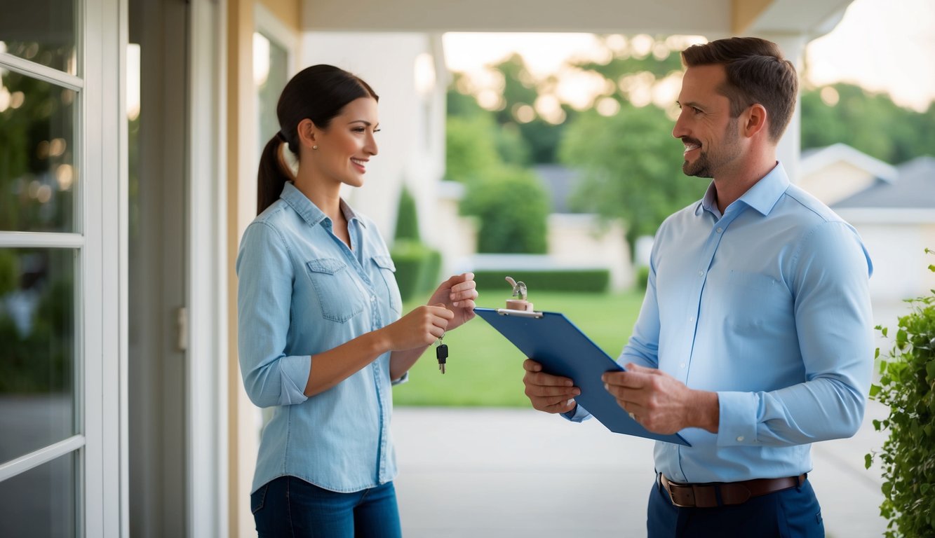 A rental property manager with a clipboard with a checklist and a set of keys, meeting her tenant to perform a move-in inspection.