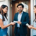 A landlord standing in front of the door to a rental apartment accepting money from two young female college students he is renting an apartment to.