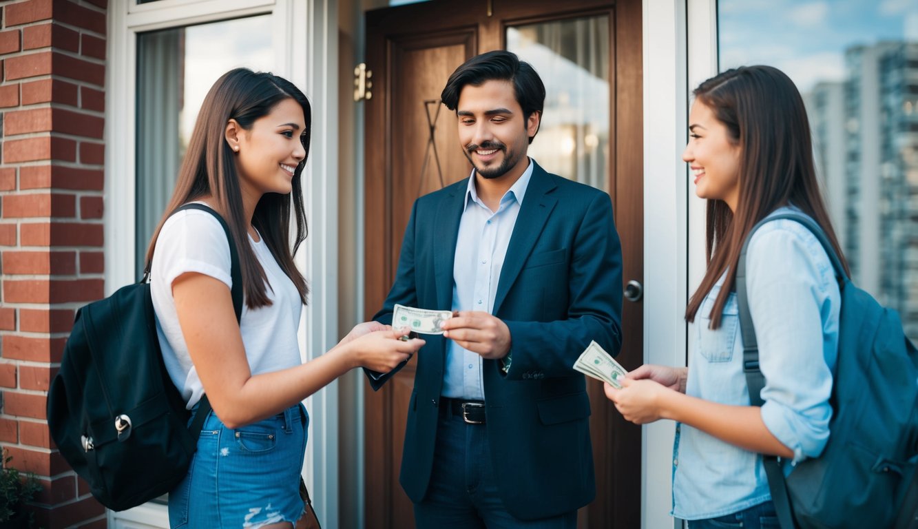 A landlord standing in front of the door to a rental apartment accepting money from two young female college students he is renting an apartment to.