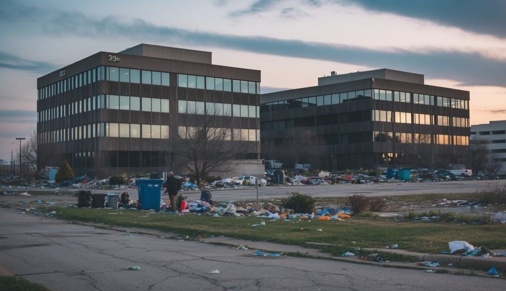 Desolate office buildings surrounded by homeless people, trash, and neglected landscaping