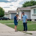 A suburban neighborhood with multiple houses, some with boarded windows and overgrown lawns. A husband and wife are standing in front of the home they have been evicted from, crying.