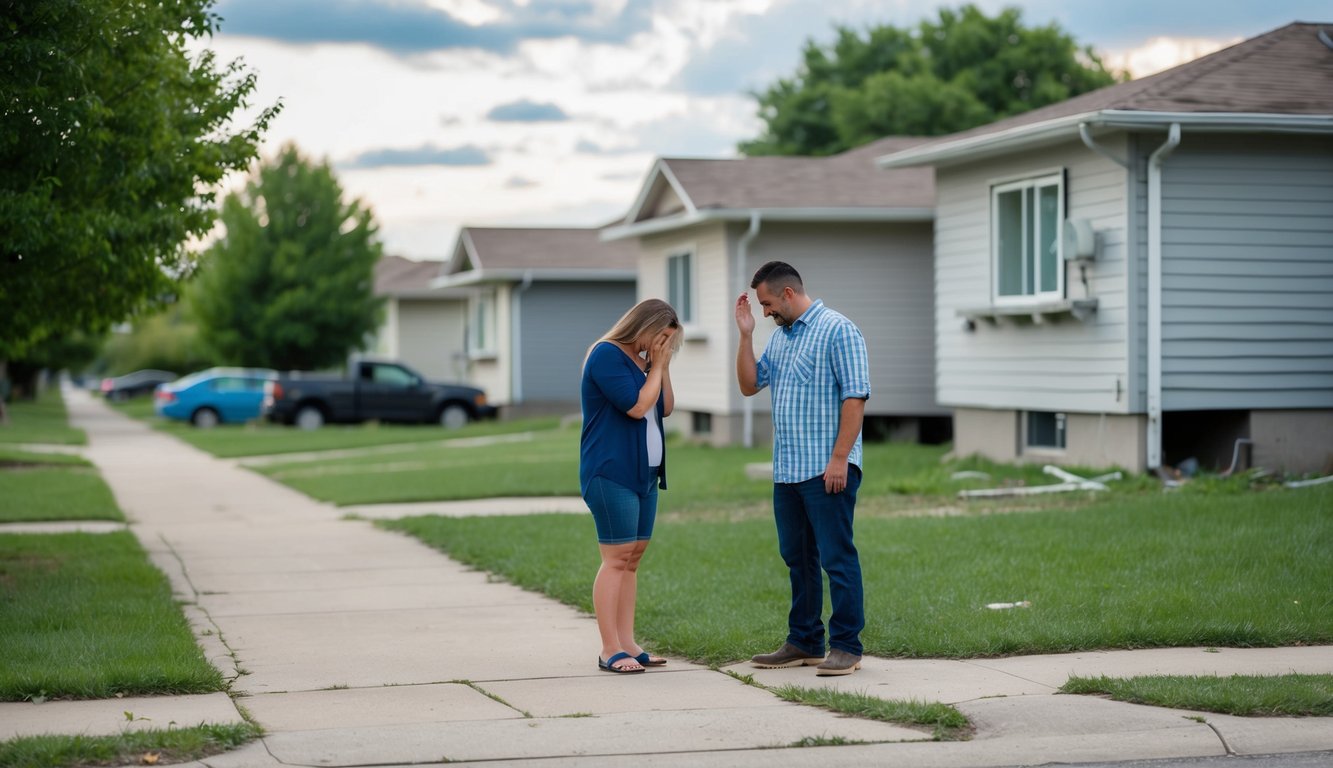 A suburban neighborhood with multiple houses, some with boarded windows and overgrown lawns. A husband and wife are standing in front of the home they have been evicted from, crying.