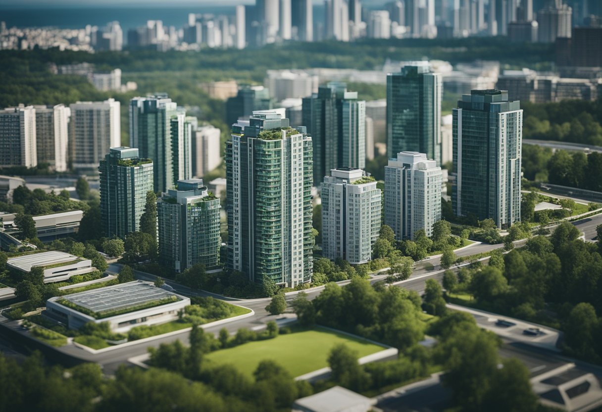 A modern cityscape with a mix of high-rise buildings and suburban homes, surrounded by green spaces and transportation infrastructure