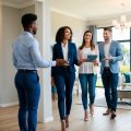 A female rental property manager showing a young couple a home that she has for rent.