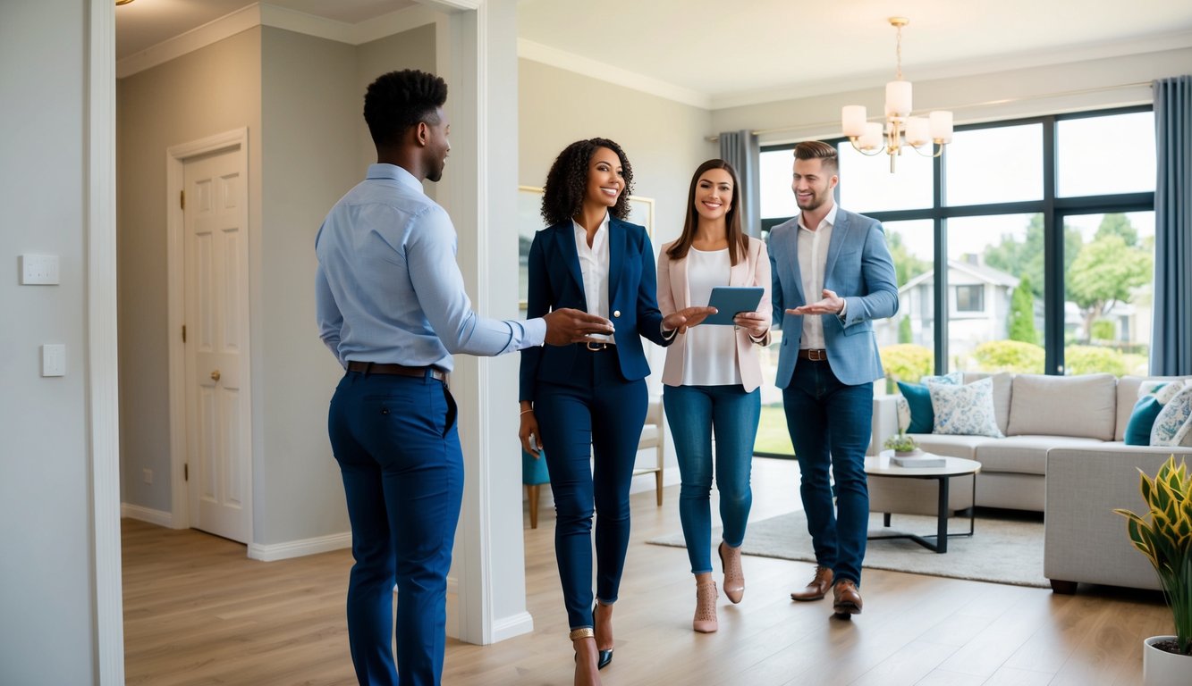 A female rental property manager showing a young couple a home that she has for rent.