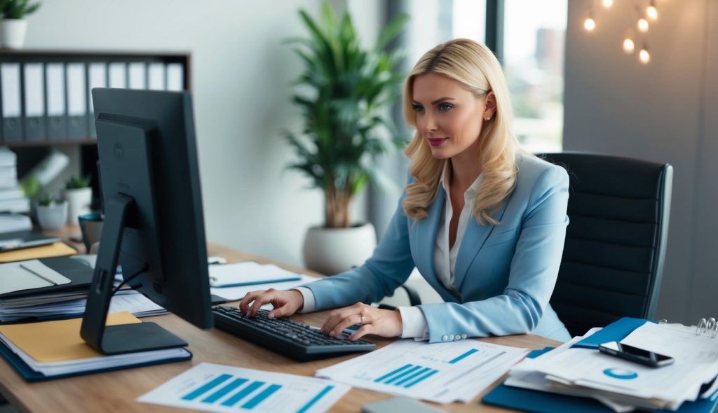 A blonde female accountant working in her office preparing a rental property balance sheet on her computer for a client.