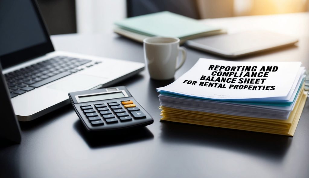 A desk with a laptop, calculator, and files. A stack of papers labeled "Reporting and Compliance balance sheet for rental properties" sits on the desk