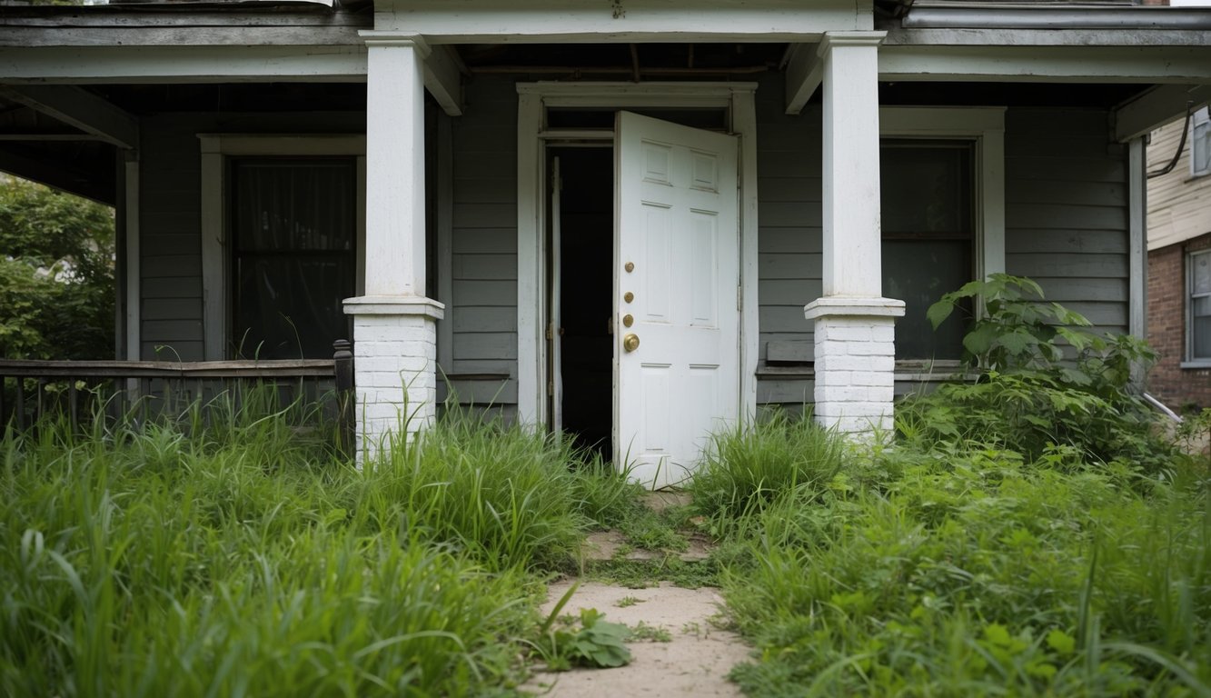 A vacant house with the front door open, overgrown grass and neglected exterior, a sense of abandonment and potential investment.