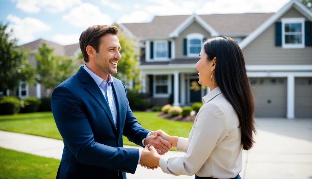 A male real estate agent shaking hands with a female real estate investor, celebrating her purchase of a pre-foreclosure home.