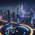 A futuristic cityscape with sleek, towering buildings and flying vehicles zipping through the air. The skyline is illuminated with neon lights and holographic billboards